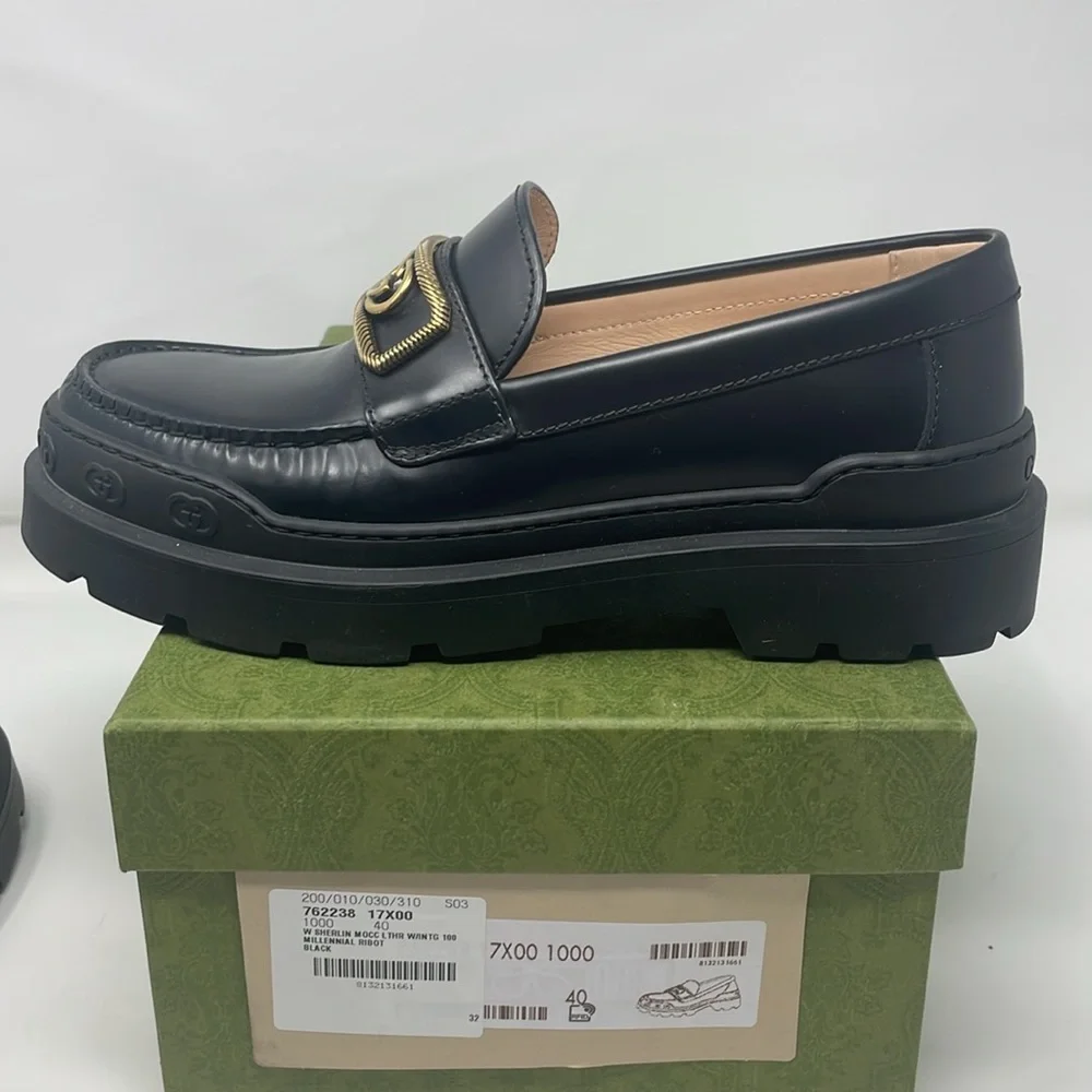 Gucci Sherlin Moccasin Millennial Ribot Black Gold Logo Leather Loafers Size 40